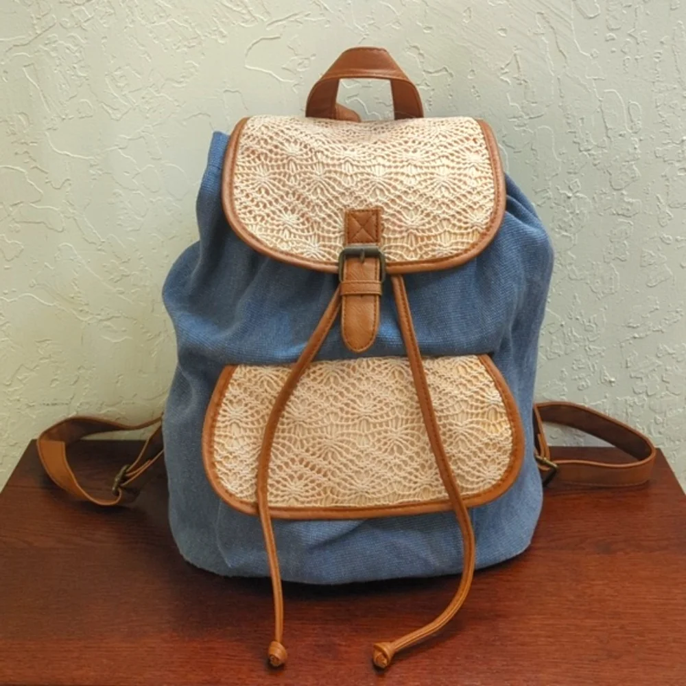 LIKE NEW Rue21 Retro Canvas Crochet and Faux Leather Drawstring Backpack